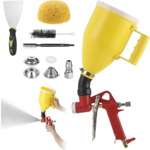 Pneumatic Texture Sprayer Hopper, 0.8 Gal, 3 Nozzles, Bent Tube for Walls | 4/6/8mm nozzles for various coatings; 50-70 PSI, G1/4 inlet; includes brushes; for stucco, plaster, ceilings, renovation