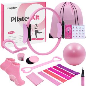 16Pcs Home Pilates Equipment for Women, Pilates Kit with 14'' Pilates Rings, Yoga Ball, Sliding Disks, Pilates Bands & Accessories - Workout Equipment Home Gym Includes Complete Fitness Poster