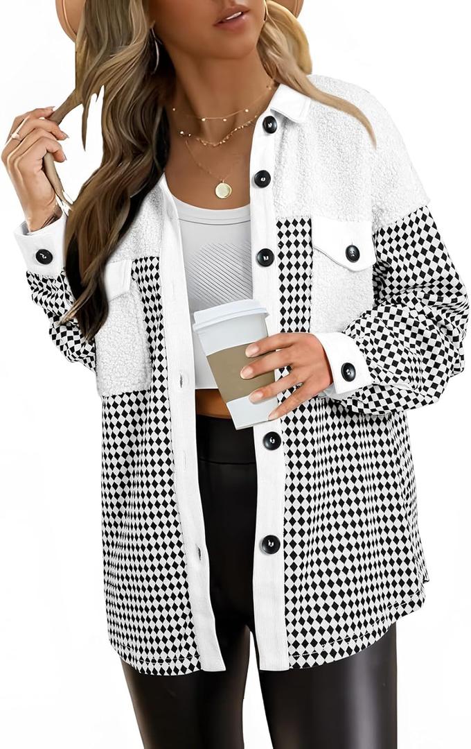 SHEWIN Shackets for Women 2025 Casual Long Sleeve Tops Button Down Plaid Fall Jackets (Medium, A1-white)