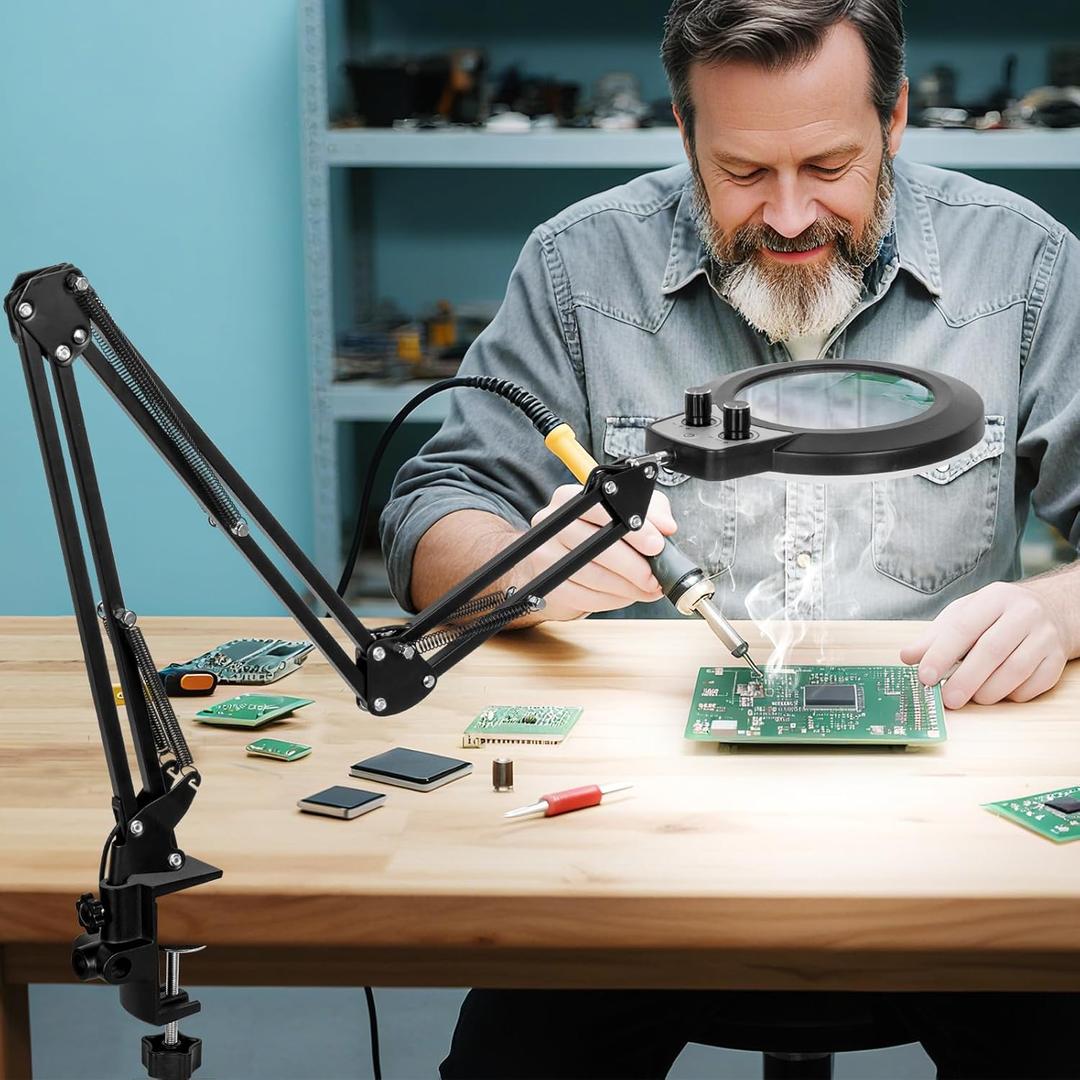 KIRKAS 12X Magnifying Glass with Light and Clamp, Extra-Long Arm Magnifying Lamp Overhead Knob for Workbench Craft Repair Sewing, LED Lighted Magnifier Real Glass Lens Stepless Dimming and Color