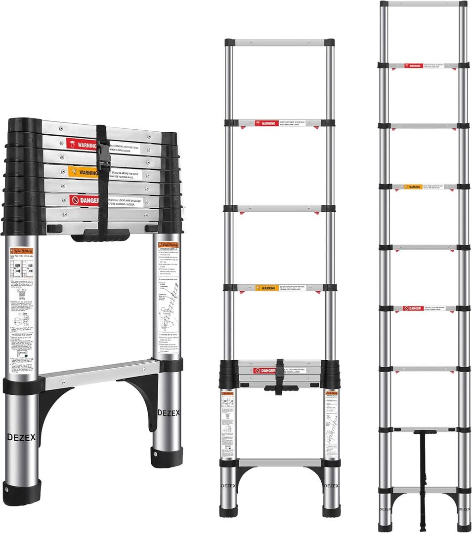 Telescoping Ladders 8.5 FT Stainless Steel Ladder - One-Button Retraction Telescopic Ladder for Home,RV,Loft, Lasts 375 LBS with 2 Triangle Stabilizers (10.5 FT (A Button))