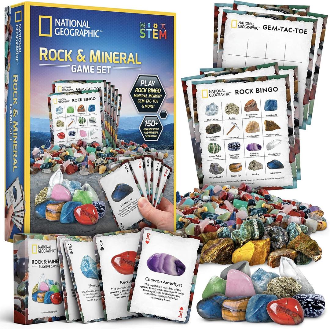 National Geographic Rock Bingo Game - Play Rock Bingo, Mineral Memory, Gemstone Trivia, & Card Games, Collection Includes Over 150 Rocks and Minerals, Educational STEM Toy for Kids