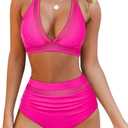 OMKAGI Women Mesh High Waisted Bikini Set Sexy V Neck Tummy Control Swimsuit Bathing Suit (Large, 50-Rose Red)