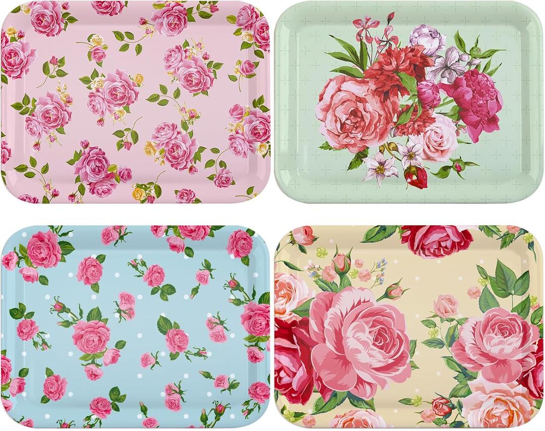 4 Pcs Melamine Serving Trays Platters Snack Trays Reusable Rectangle Platters for Sports Game Day Flower Tea Party Food Dessert Cookies Serving Plates Supplies, 13 x 9.7 Inch(Flower)