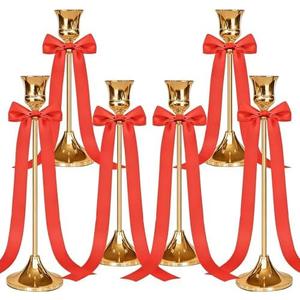 Candlestick Holders with Red Ribbon Bows,Metal Taper Candle Holder,Gold Candle Holders for Pillar Candles,Vintage Decor for Wedding,Fireplace, Table Mantel,Housewarming Gift (Gold, 2sets (6pcs))
