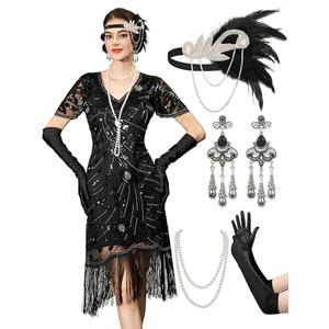 YESSA Black Flapper Dresses 1920s Dresses For Women,V Neck Great Gatsby Dresses for Women Roaring 20s Dresses With Sleeve For Harlem Nights/Cocktail/Party-Gatsby Costumes,Medium