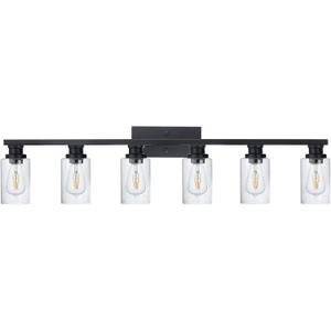 VINLUZ 6 Light Vanity Light in Black Finish with Seedy Glass,Farmhouse Bathroom Lighting Fixture Industrial Metal Wall Mount Lights for for Cabinet Corridor