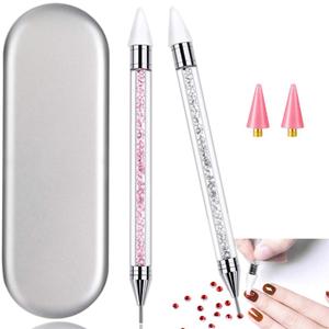 2 Pieces Nail Rhinestone Picker Dual-Ended DIY Nail Art Dotting Tool Wax Pen Acrylic Handle with Extra 2 Wax Head & Storage Case, for Crystal AB Rhinestones, Nail Art, Diamond Painting (PINK & WHITE)