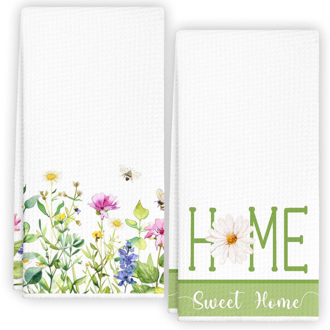 RZQIJ Watercolor Green Flowers Floral Wildflower Spring Kitchen Towels Dish Towels Dishcloth, Seasonal Summer Decor for Kitchen Bathroom Home, 16 x 24 Farmhouse Decoration Hand Towels Set of 2. (103)