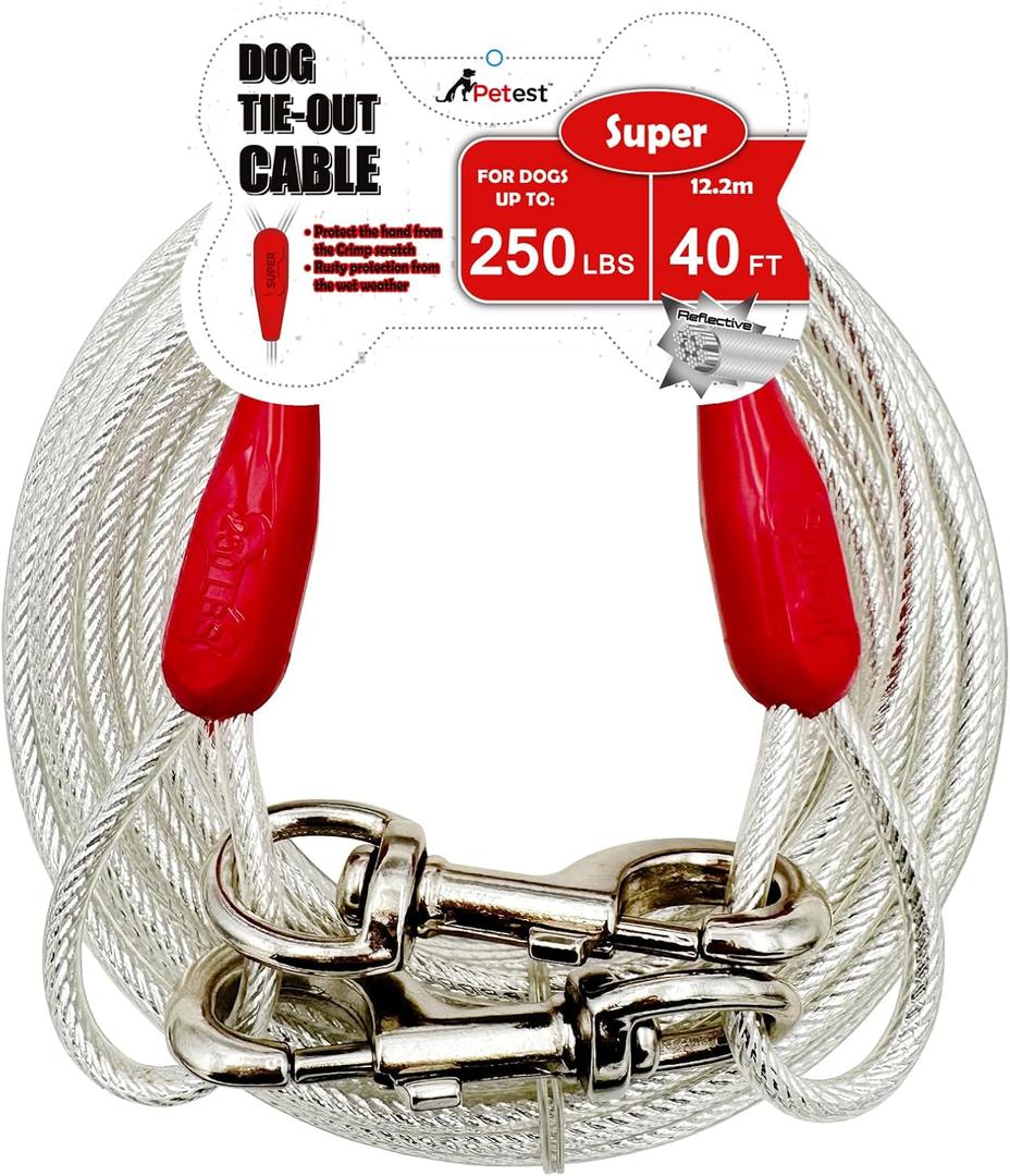 Petest 40ft Reflective Tie-Out Cable for Super Dogs Up to 250 Pounds (Red & Silver)