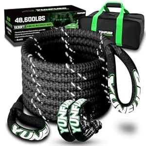 YUNFUER 1" x 30ft Kinetic Recovery Tow Rope 48600LBS with 2 Soft Shackles Heavy Duty Offroad Recovery Rope Kit for Trucks SUV UTV ATV Tractor Car Jeep (Black)