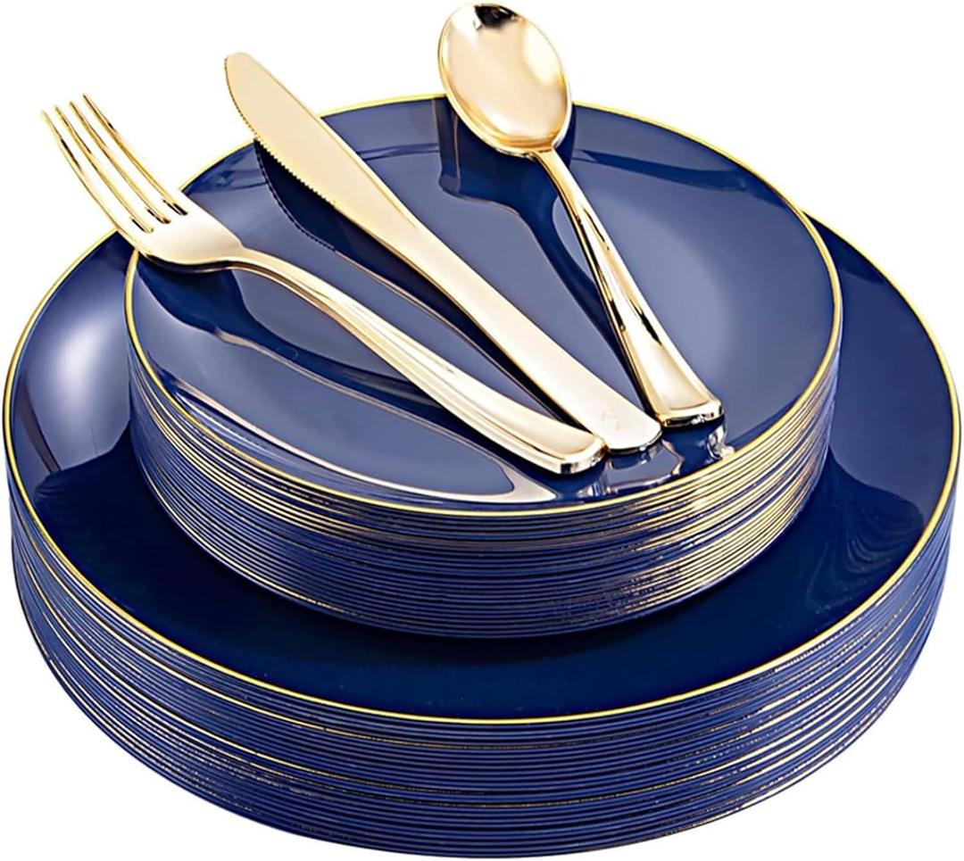 YOUBET 125PCS Blue Plastic Plates - Navy Blue Disposable Plates With Gold Rim Include 25 Dinner Plate, 25 Dessert Plate, 75 Gold Silverware Cutlery for Party & Wedding