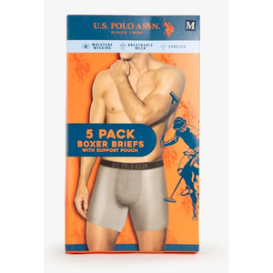 U.S. Polo Assn. Mens Boxer Briefs - 5 Pack 6'' Inseam Cotton Breathable Mens Underwear Boxer Shorts Pack with Contour Pouch (Large)