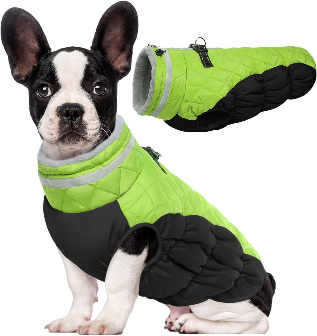 Lelepet Dog Coat Warm Dog Winter Coat Waterproof Dogs Jacket with Harness Built in Reflective Pet Fleece Vest Zip-Up Cold Weather Coats for Small Dogs Turtleneck & Windproof Coats Yorkie Lime S