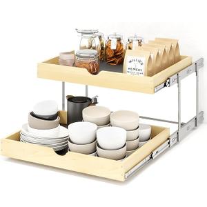YORKING 2 Tier Pull Out Cabinet Organizer, 20" W x 21" D Wooden Cabinet Slide Out Shelves, Heavy-Duty Drawer Shelf for Pantry, Bathroom, Kitchen