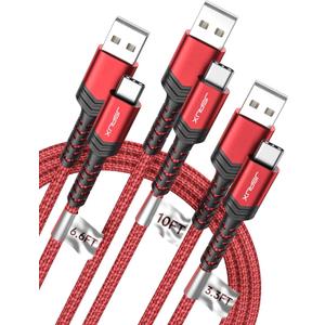 JSAUX USB C Cable Fast Charging, 3-Pack (10ft+6.6ft+3.3ft) USB A to Type C Charge Cord for iPhone 17/17 Pro/17 Pro Max, iPhone 16/16 Pro/16 Pro Max, Samsung Galaxy S21 S20 Note 20, USB C Charger(Red)