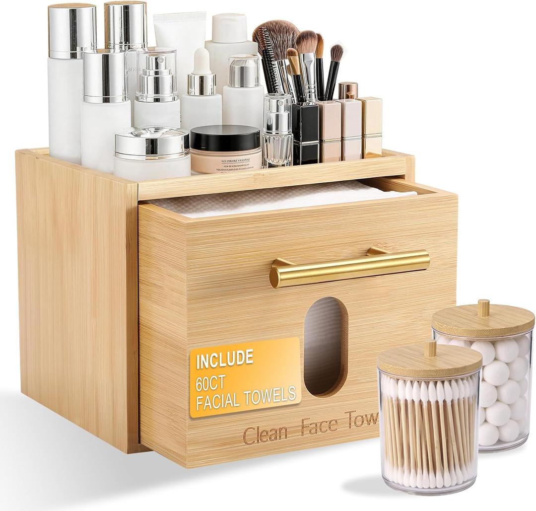 BSSN Face Towel Holder Bamboo Disposable Clean Towels Holder with Cotton Swab Box and 60ct Towels, Wall Mounted & Countertop Skincare Organizer, Bathroom Vanity Storage for Face Tissues & Makeup Pads