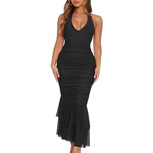 Women's Sexy V Neck Tie Halter Mesh Ruffle Hem Ruched Bodycon Cocktail Party Maxi Dresses , , BlackM