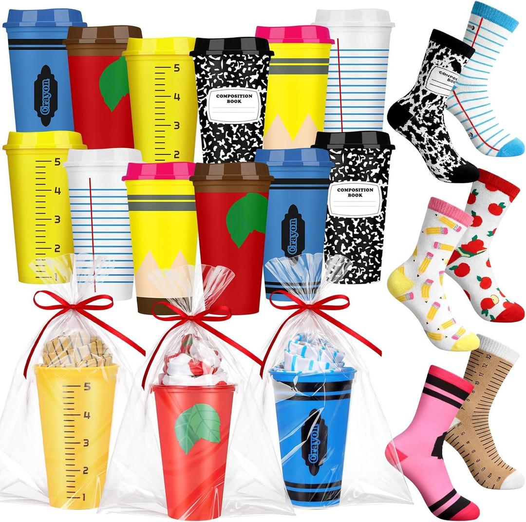 Yungyan 12 Set Teacher Appreciation Gifts Bulk Teacher Reusable Plastic Coffee Cup and Novelty Teachers Socks Thank You Gifts for Teachers Employee Team Coworker Staff Office Supplies(16 oz)