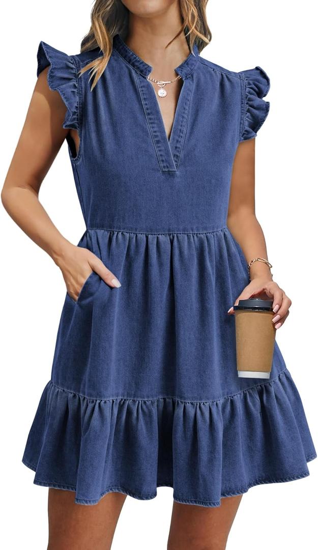 Denim Dress for Women Ruffle Short Sleeve V Neck Jean Mini Dress with Pockets (XX-Large, Dark Blue)