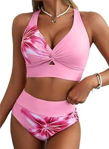 Herseas Women's High Waisted Bikini Sets Lily Print Twist Front Top Swimsuits Adjustable Shoulder Straps Full Coverage 2026 Summer Bathing Suits Fashionable Cruise Outfits Pink White Floral Medium