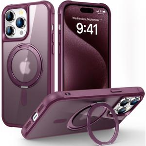 Designed for iPhone 15 Pro Max Case with 360 Rotatable Magnetic Ring Stand [Compatible Mag-Safe] [Military Grade Protection] Translucent Matte Phone Cases for Women Men 6.1'', Wine Red