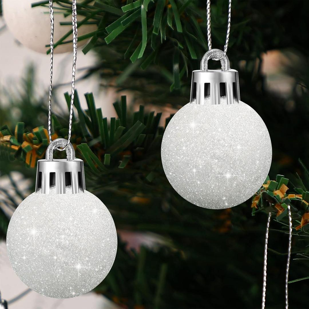 BBTO Glitter Christmas Balls Ornaments White Snowball Ornaments Set Mini Plastic Xmas Hanging Seasonal Decoration for Christmas Tree Winter Decor Party Wedding Supplies(48 Pcs, 1.2 Inch)