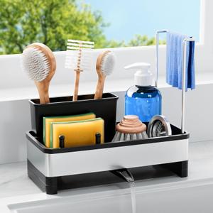 Sponge Holder for Kitchen Sink, Rustproof Stainless Steel Sink Caddy with Auto-Drain, Removable Brush Holders, Soap and Dishcloth Organizer, Black