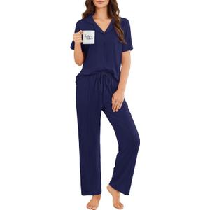 Ekouaer Pajamas for Women Set Button Up Sleepswear 2 Piece Short Sleeve PJ Top and Long Pants Loungwear With Pocket S-XXL (Medium, Navy)