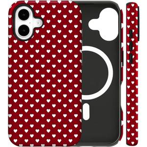 Magnetic for iPhone 16 Case Cute Love Heart Polka Dot Phone Case, Shockproof Slim TPU and Hard PC Protective Phone Cover Compatible with MagSafe Designed for Women Girls Love, Red