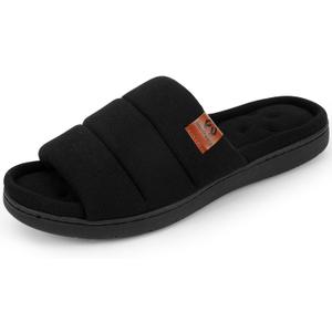 Mens Open Toe Slippers, Comfy Supportive Foam Bedroom Slide Slippers, Non-Slip Indoor House Shoes (9-10, Black)