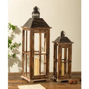 Large Farmhouse Wooden Decorative Lantern Set of 2, Rustic Distressed Brown Burnt Wood Floor Candle Lanterns, Indoor/Outdoor Hanging Lanterns for Home Decor (No Glass)