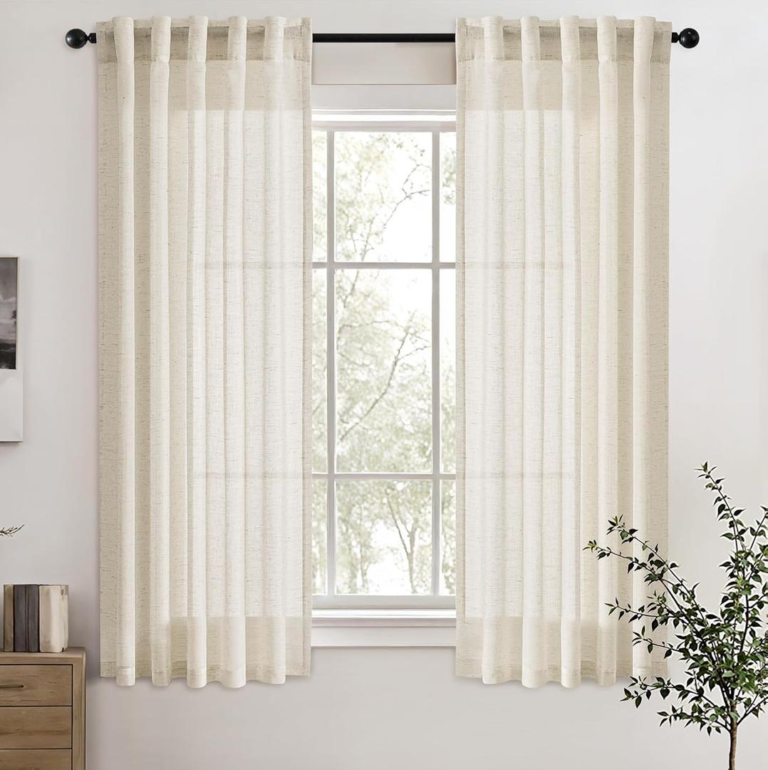 ANRODUO Ivory Cream Linen Blend Back Tab Kitchen Curtains 45 Inch Length 2 Panel Set Semi Sheer Light Filtering Short Window Privacy Panels for Living Room Bathroom Cafe Modern Farmhosue Decor 37x45
