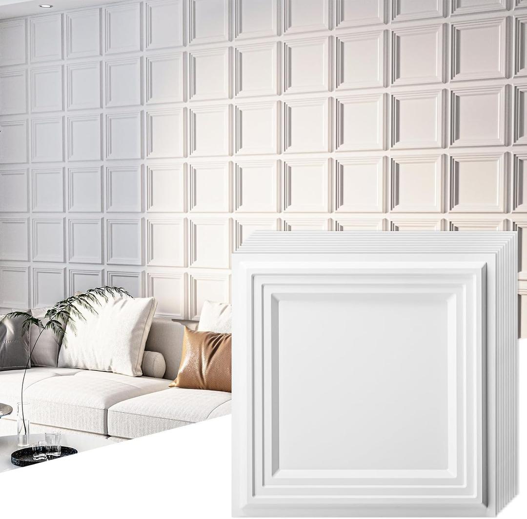 Art3d 33-Pack 3D Textured Accent Wall Panel for Interior Décor, Waterproof PVC Decorative Wall Paneling for Living Room Bedroom Gaming Room Office, 11.8"x11.8" Cover 32.Sq.Ft., White