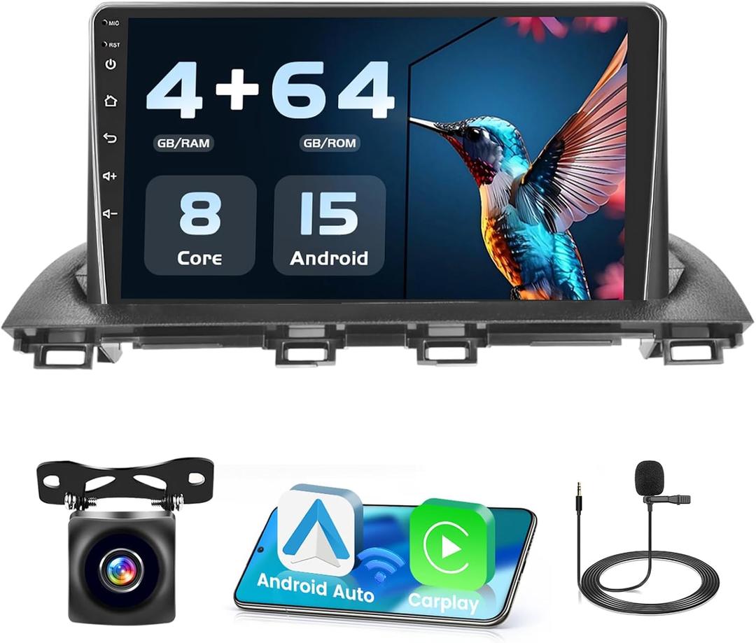 Roinvou 8 Cores 4+64G Android Car Radio for Mazda 3 2014-2018, 9" Touch Screen Carplay Android Auto with 32EQ Bluetooth WiFi GPS Navigation Mirror Link Backup Camera