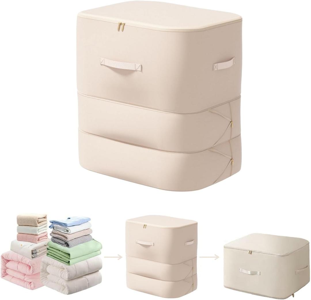 Ultra Space Saving Self Compression Organizer, 2025 New 3-Layer Zipper Large Capacity Storage Bag, Thick Satin Fabric Heavy Duty Bags for Comforters Blankets Bedding Duvet (Beige, X-Large, 21x17x24in) (Beige, Ticker Version)
