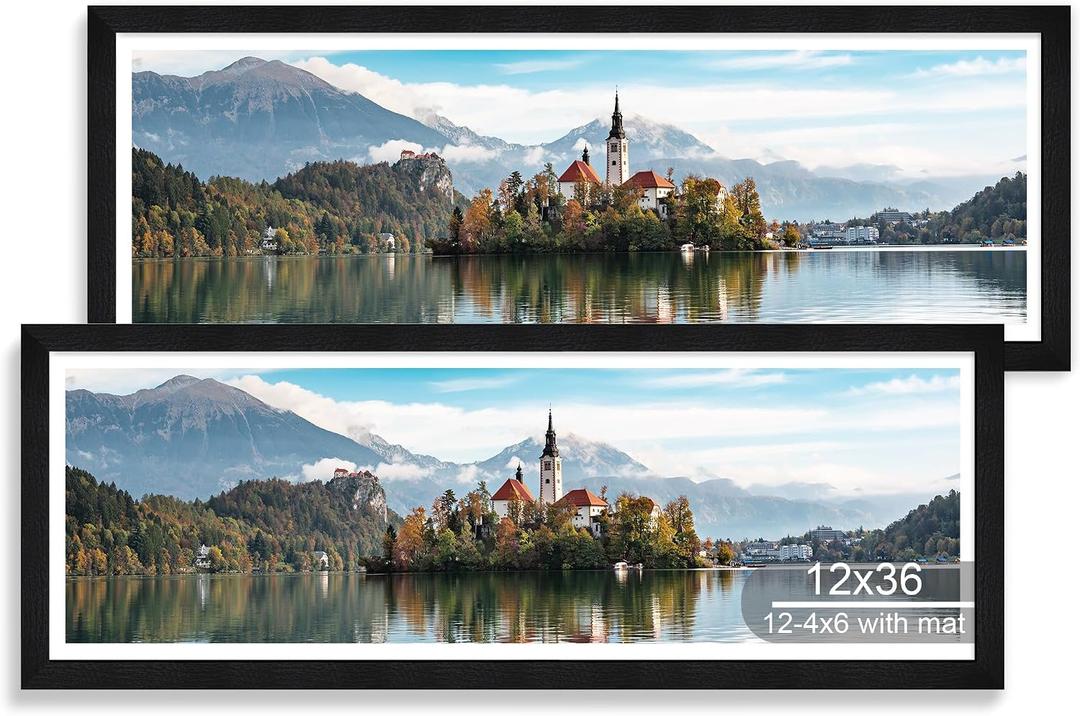 Hongkee 12x36 Picture Frame 2 Packs, Real Glass and Rustic Black Wood Frame, Display Collage Pictures Twelve 4x6 With Mat or Pennant 12 x 36 Without Mat - Horizontal or Vertical Wall Mounting, 12x36 in matted to 12-4x6