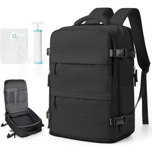 Black Travel Backpack For Women Men Carry On Backpack With Vacuum Compression Seal Bags Personal Item Travel Bag Space Saver Vacuum Storage Bags With Manual Pump