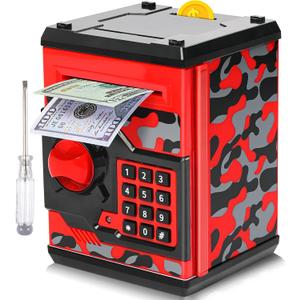ATM Piggy Bank for Boys Girls, Vcertcpl Mini ATM Coin Bank Money Saving Box with Password, Kids Safe Money Jar for Adults with Auto Grab Bill Slot, Great Gift Toy Bank for Kids(Camouflage Red), Large