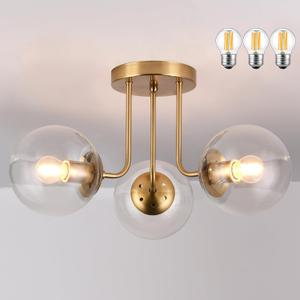 KoKo&Yukina 3-Light Semi Flush Mount Ceiling Light Globe Lights Mid Century Ceiling Light with Clear Glass Globe & Brushed Brass for Bedroom Hallway Entryway Kitchen Living Room (Bulb Incl.) (6 inch)