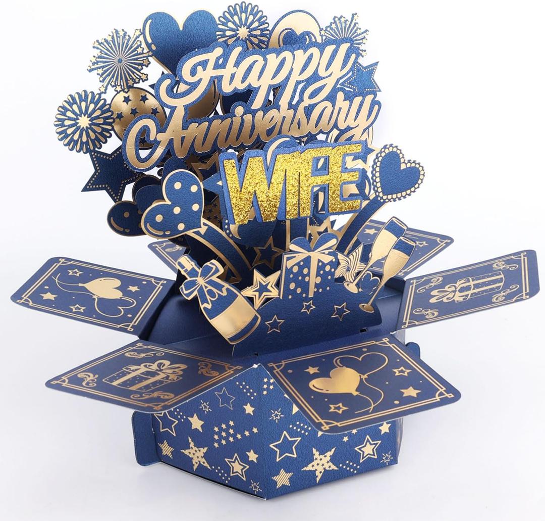 Happy Anniversary Card, 3D Gold Glitter Anniversary Pop Up Card with Envelope for Wife from Husband for Romantic Wedding Gifts