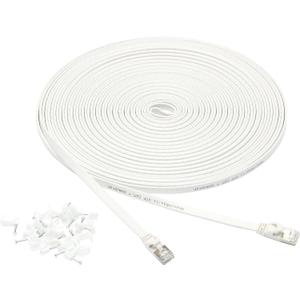 Amazon Basics RJ45 Cat 7 Ethernet Patch Cable, Flat, 600MHz, Snagless, Includes 20 Nails, 50 Foot, White