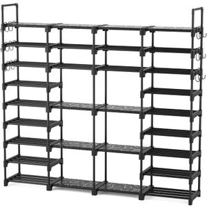 ROJASOP Large Shoe Rack Organizer for Entryway Closet 64-68 Pairs 9-Tier Heavy Duty Tall Garage Shoe Rack Shoe Shelf Shoes Storage with 18 Pcs Removable Side Hooks for Bedroom and Garage, Black