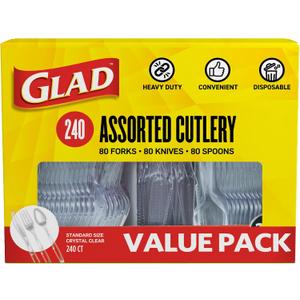 Glad Clear Disposable Cutlery Set with Heavy Duty Plastic Forks, Knives, and Spoons, Reusable Dishwasher Safe Plastic Utensils for Parties and Everyday Use, 240 Count