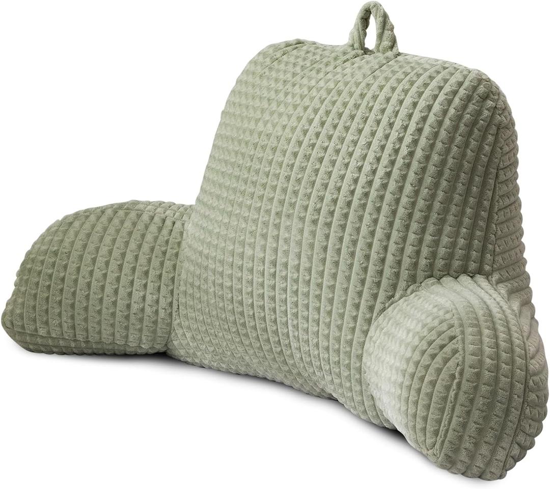 A Nice Night Reading Pillow Bed Wedge Large Adult Children Backrest with Arms Back Support for Sitting Up in Bed/Couch for Lounging Bedrest,Waffle Stereoscopic Design,LightGreen