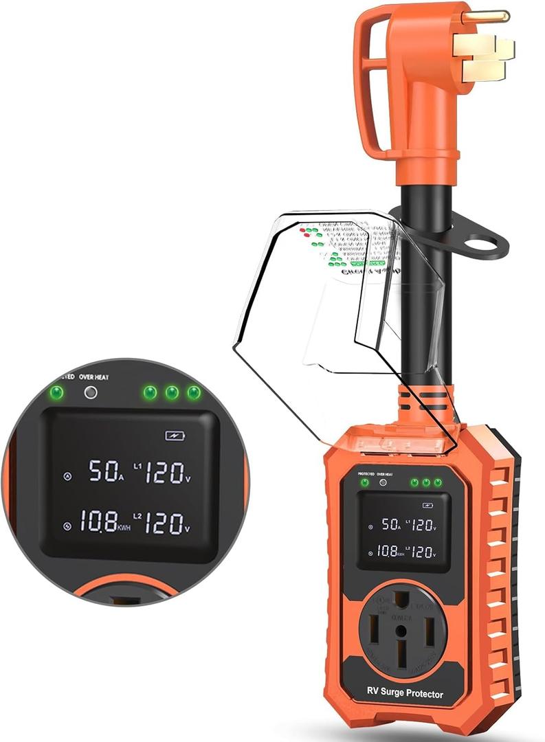 RV Surge Protector 50 Amp Waterproof- Smart 50Amp Power Protectors with Real-Time KWH, Voltage, and Current Monitor Large Screen, LED Display Circuit Analyzer for Camper Travel Trailer (Orange)