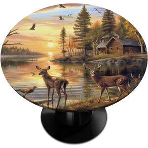 Round Tablecloth Autumn Forest River Birds Deer Fitted Table Cloth with Elastic Edge Waterproof Spill Proof Elastic Table Cover for Kitchen Party Decor, Fit 36-42In Round Tables