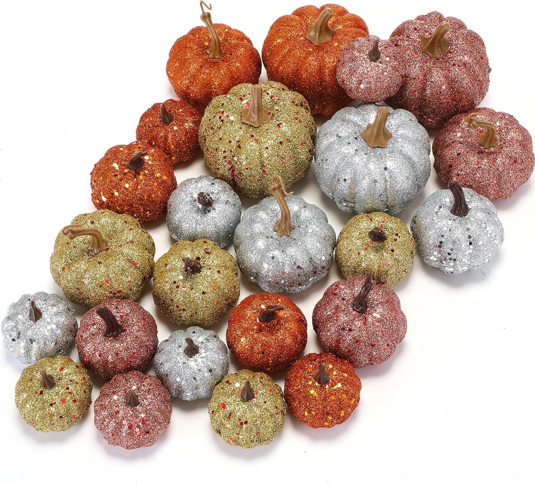 24 Pcs Thanksgiving Glitter Mini Pumpkin Decor Orange, Silver, Gold Small Artificial Foam Pumpkins Fall Tree Hanging Ornament Tiered Tray Decor for Autumn Thanksgiving Party Indoor Home