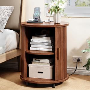 ONBRILL Round End Table with Charging Station, Mid Century Bedside Table with Sliding Door & 2 Tier Storage, Modern Nightstand for Living Room, Bedroom, Entryway, Walnut (Pack of 1)