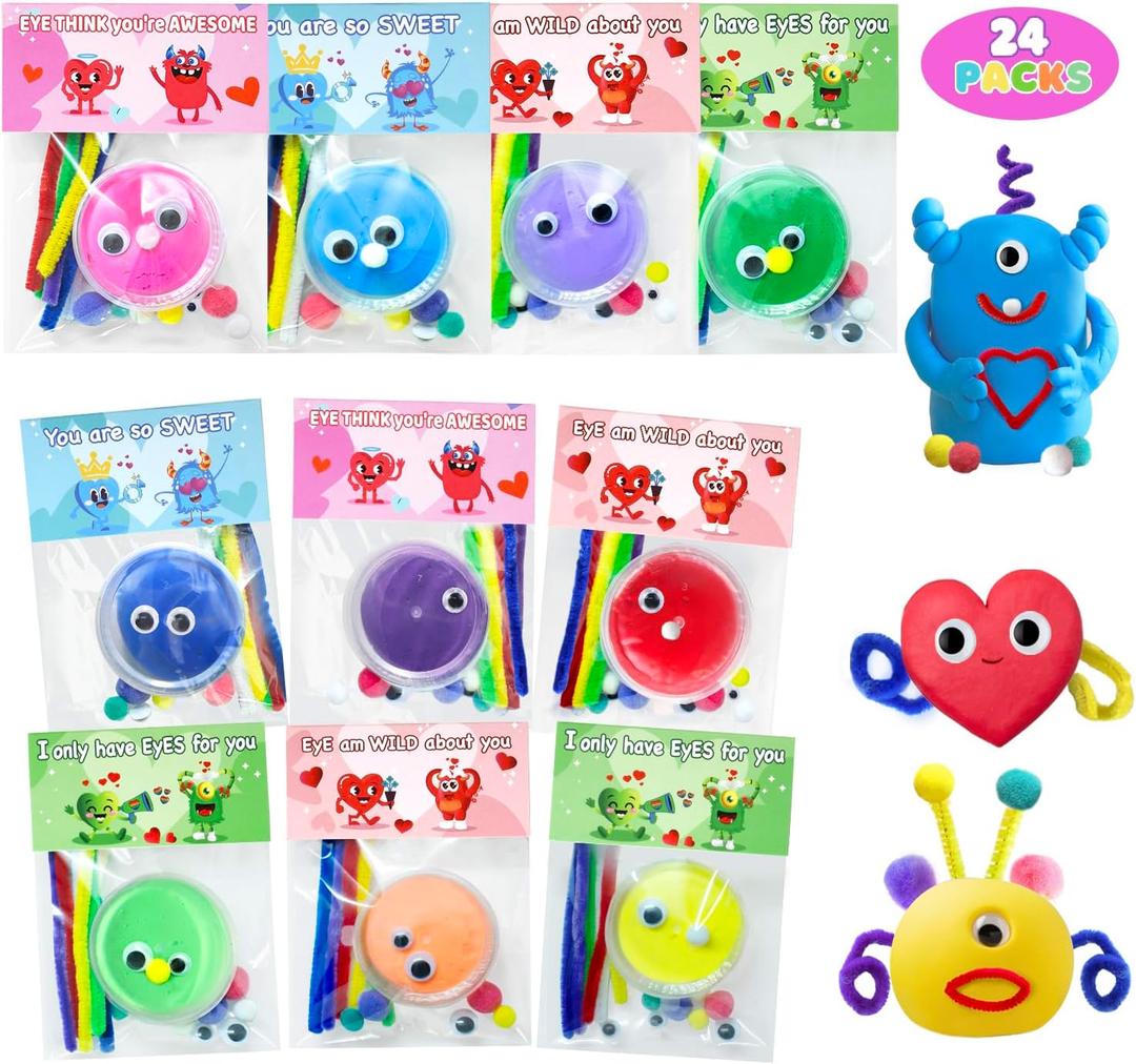 DEKWELL 24 Packs Valentines Day Cards for Kids Classroom with DIY Air Dry Clay Kit,Valentines Day Gifts for Kids School Valentine Class Exchange Presents Party Favors